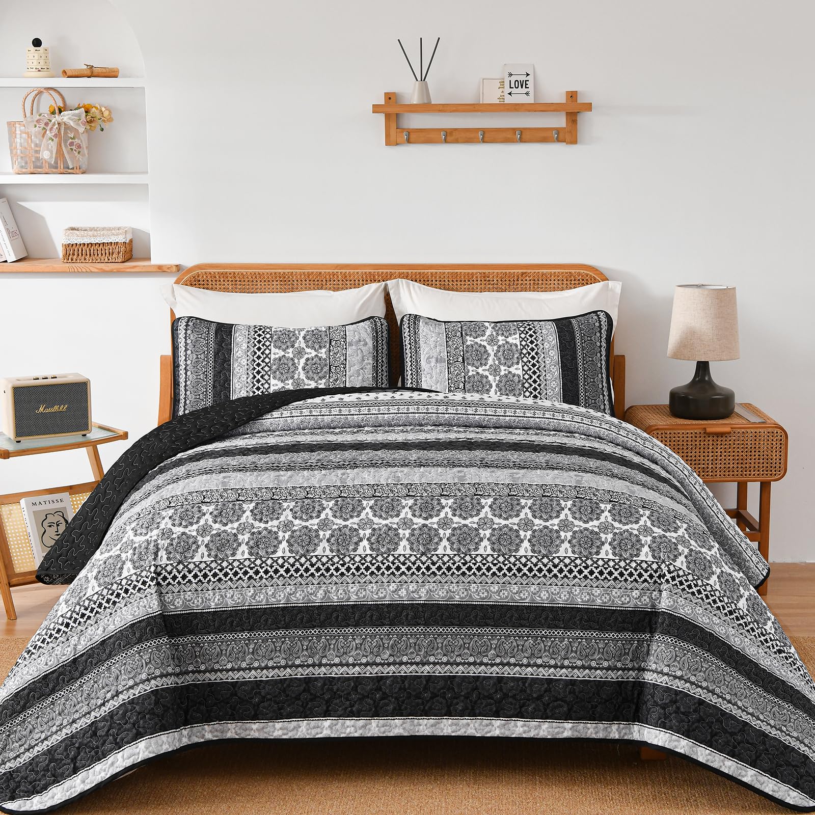 WONGS BEDDING Boho Quilt Set Queen Size, Grey Bohemian 3 Pieces Quilt Sets, Lightweight Bedspread Coverlet Bedding Set for All Season (96"x90") Image