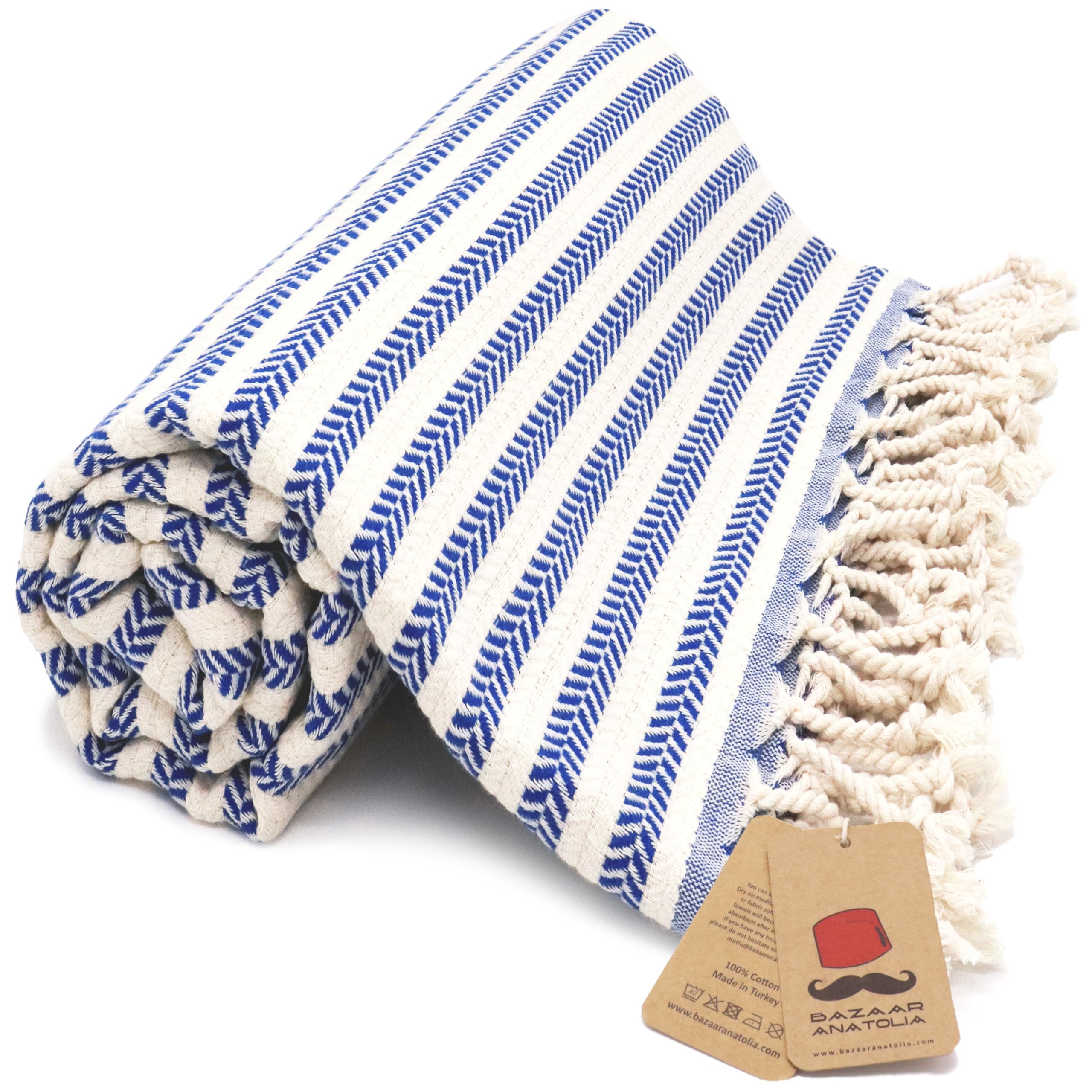 Bazaar Anatolia Turkish Beach Towel – 100% Cotton, Quick Dry, Sand Free Striped Towel for Bathroom and Camping – Oversized 71x39 Inches – Arpa Dark Blue