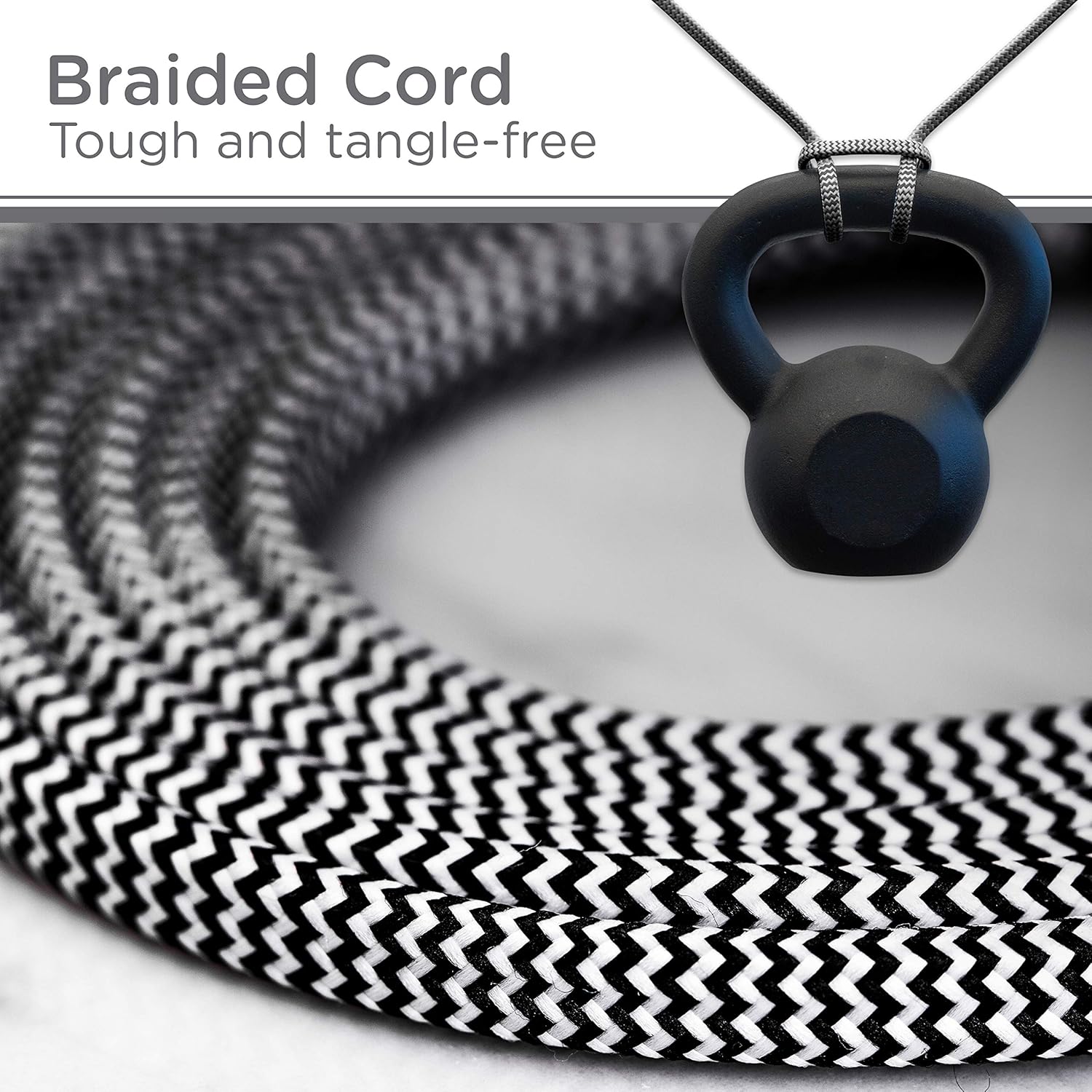 Cordinate Designer Extension, 2 Prong Power Strip, Extra Long 8 Ft Cable with Flat Plug, Braided Chevron Fabric Cord, Slide-to-Lock Safety, Black/White, 39984 3 Polarized Outlets, 8 ft, 8 Ft - - 