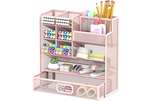 Mesh Pen Holder Desk Organizer, Multi-Function Pen Organizer with Drawer, Cute Desk Organizers and Accessories for Office Sup