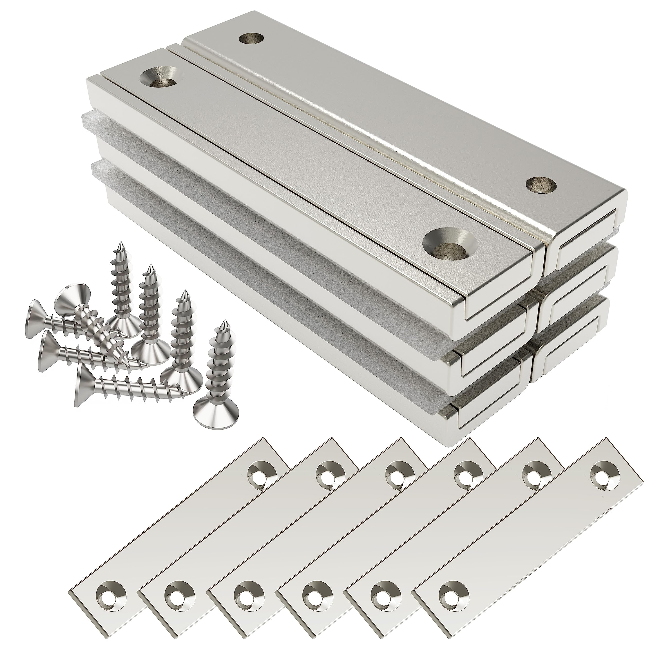 Magnetpro Rectangular Magnets 30 kg Force 60 x 13.5 x 5 mm with Counterparts and Countersunk Hole, Household and Industrial Pot Magnet with Screws Pack of 6