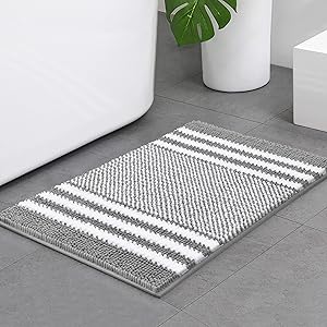 Bsicpro Chenille Bath Rug for Bathroom Shaggy Mat Shower Mats 32 x 21inch Super Non Slip Water Absorbent Carpet Stripe Pattern Plush Rugs for Tub, Shower, Bath Room (Grey)