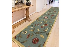 OTTOMANSON Machine Washable Floral Leaves Design Non-Slip Rubberback 3x10 Traditional Runner Rug for Hallway, Kitchen, Bedroom, Living Room, 2'7" x 9'10", Seafoam Green