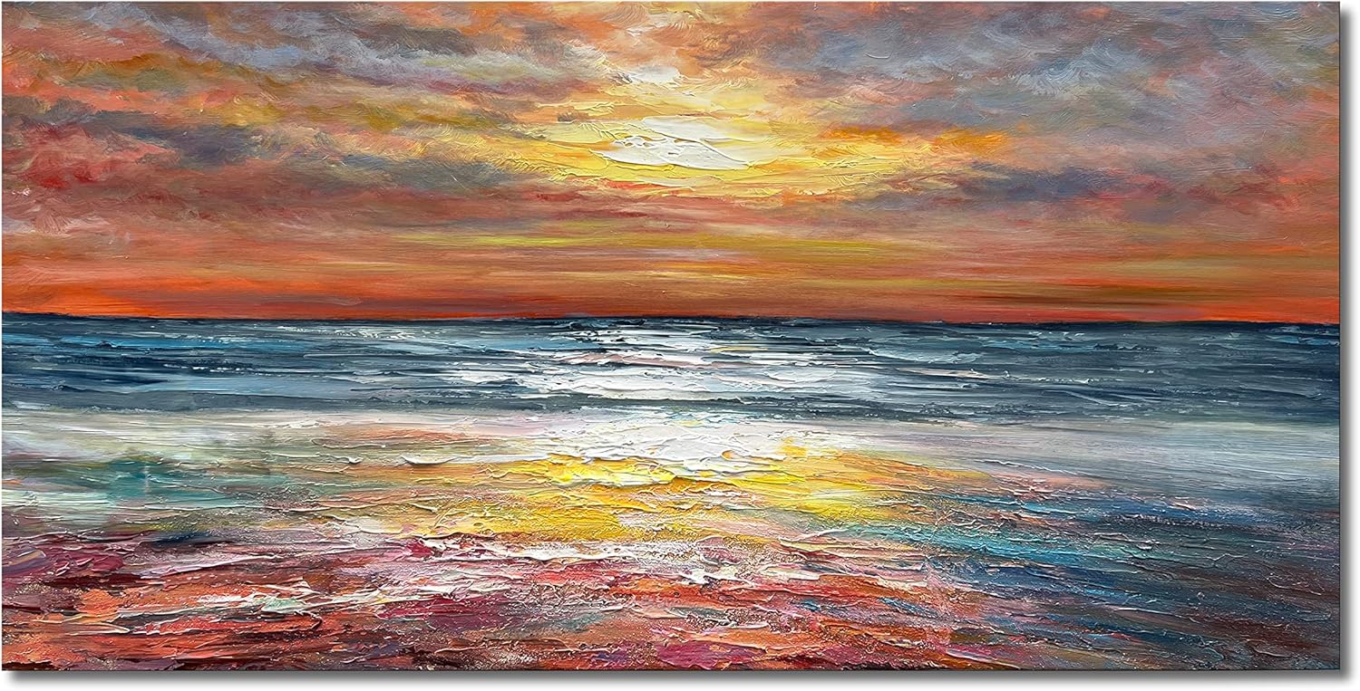 Paintings - Limiyer Art Sea Sunrise Landscape Modern Abstract Oil Painting Canvas Oil Painting Wall Art Decoration 24x48 inch