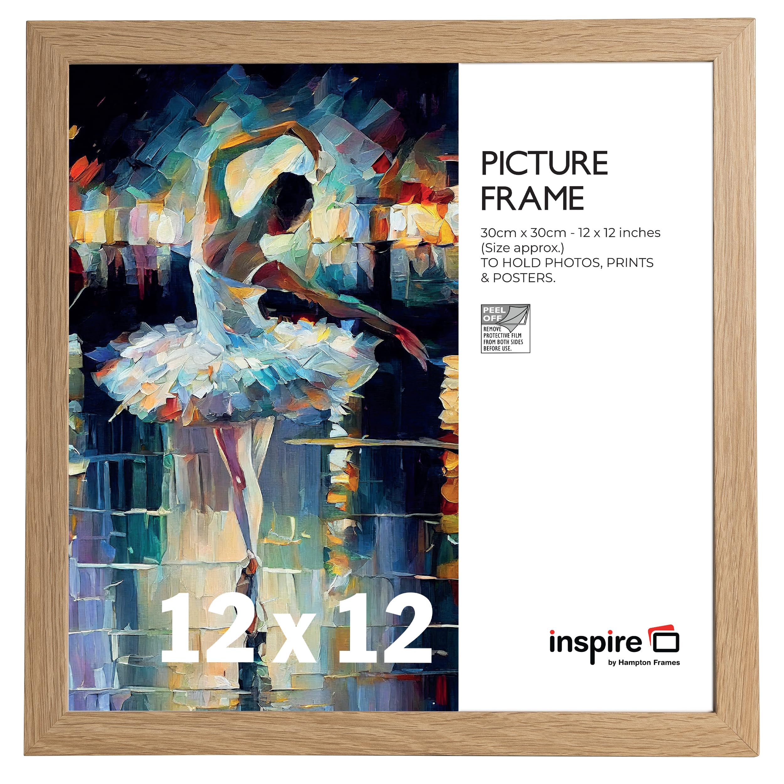 inspire by Hampton Frames | Picture Photo Frame SORBONNE | 12x12 Inch (30x30cm), Oak Effect MDF, Acrylic Front | Wall Mount, Square, Drop-In Back | Modern Display for Photos and Art