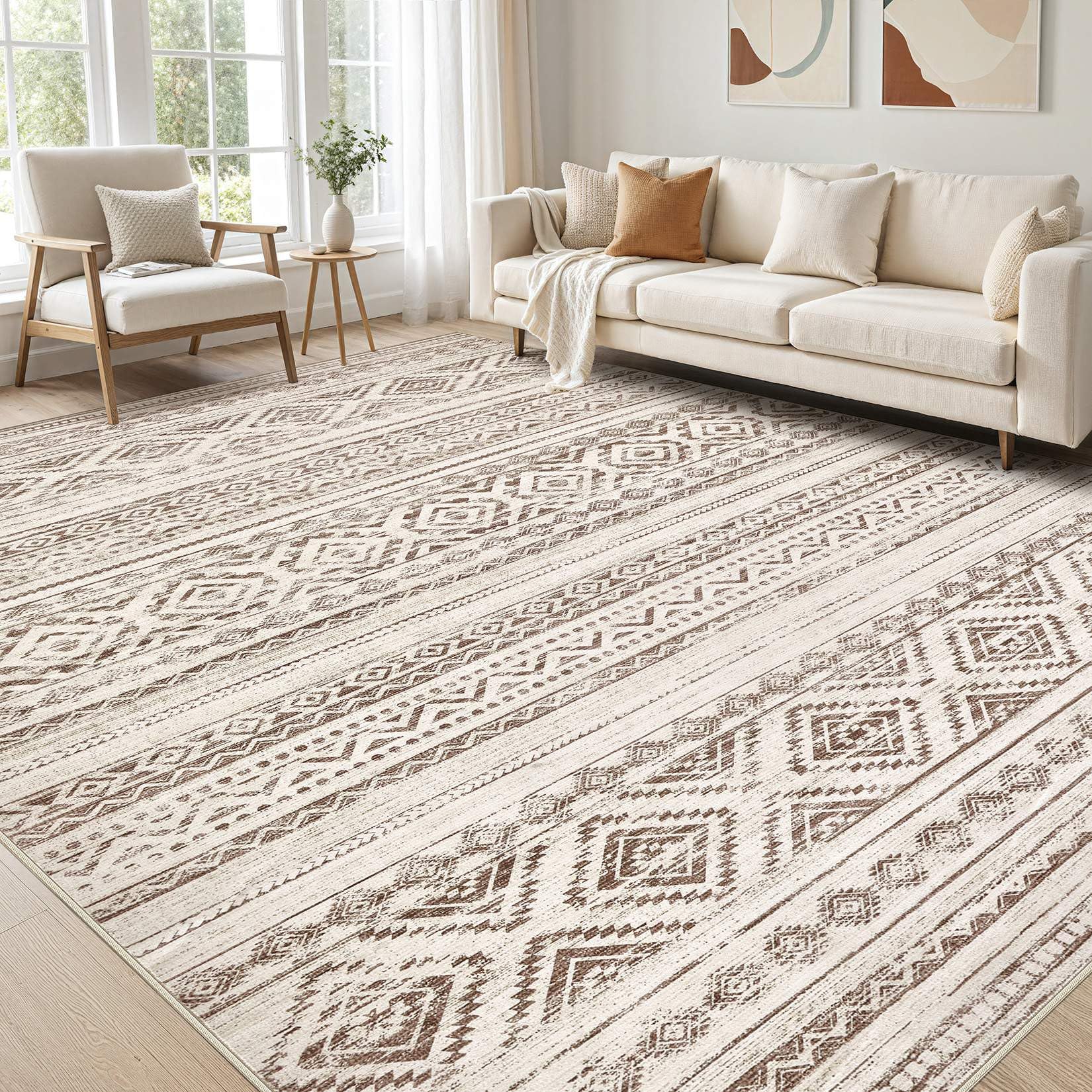 Photo 1 of Large Living Room Area Rug 7x9: Soft Machine Washable Boho Moroccan Farmhouse Rugs for Bedroom Under Dining Table - Non-Slip Neutral Morden Indoor Floor Rug Carpet for Home Office Decor - Dark Brown