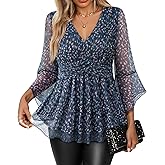 VALOLIA Womens Sparky Tops 3/4 Sleeve Glitter Sequin Shiny Dressy Blouses V Neck Party Evening Cocktail Shirts