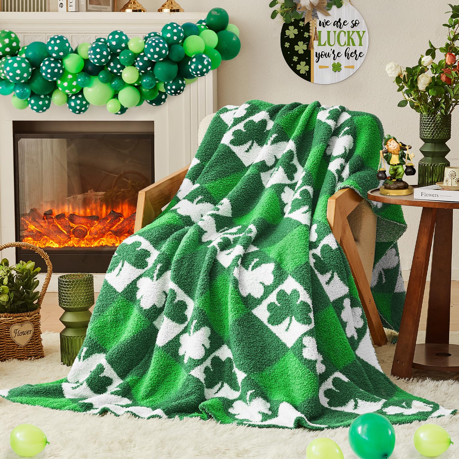 CYMULA St. Patrick's Day Knit Throw Blanket - Super Soft Lightweight Plush Shamrock Clover Blanket for Couch, Bed, Sofa, 60 x 80 Inches, Irish Green Image