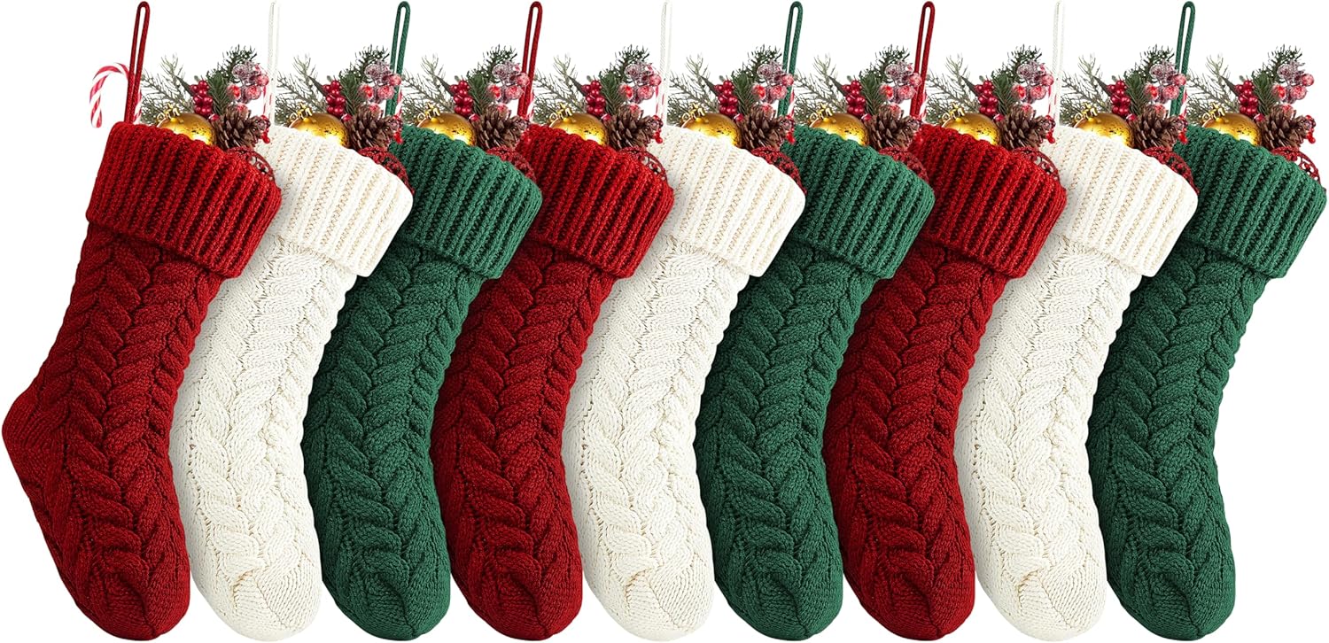 Stockings & Holders - Fesciory 18 Inches Christmas Stockings Bulk, 9 Pack Large Size Cable Knitted Fireplace Hanging Stockings for Family Holiday Xmas Party Decorations, Burgundy&Ivory White&Green