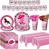 Gejoy 171 Pcs Western Cowgirl Birthday Party Tableware Supplies for 24 Guests Cowgirl Plates Napkins Birthday Banners Tablecloths Cups Knives Forks and Spoons for Party Decoration