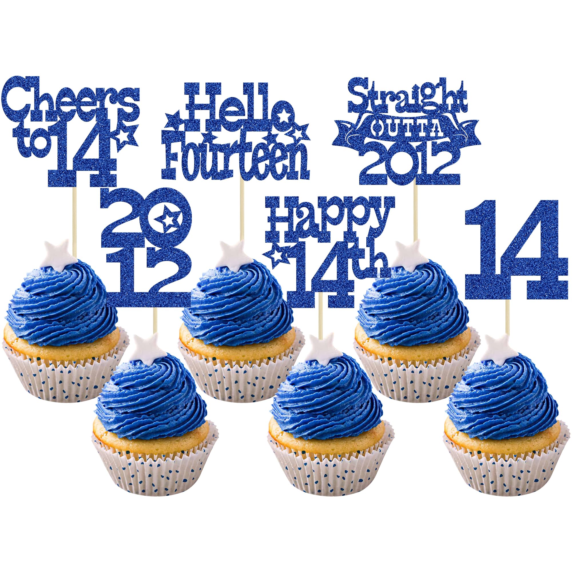 Ephlyn 30Pcs Happy 14th Birthday Cupcake Toppers Glitter Fourteen Straight Outta 2012 Cupcake Picks Cheers to 14 Years Cake Decorations for 14th Birthday Anniversary Party Supplies Blue