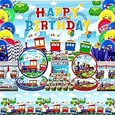 Train Party Supplies , Includes Happy Birthday Party Backdrop, Plates, Cupcake Toppers, Napkins, Cups, Tablecloths, for Train Party Vehicle Party Decorations Serves 20