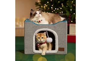 Bedsure Cat Beds for Indoor Cats - Large Cat Cave for Pet Cat House with Fluffy Ball Hanging and Scratch Pad, Foldable Cat Hideaway, 16.5x16.5x13 inches, Grey