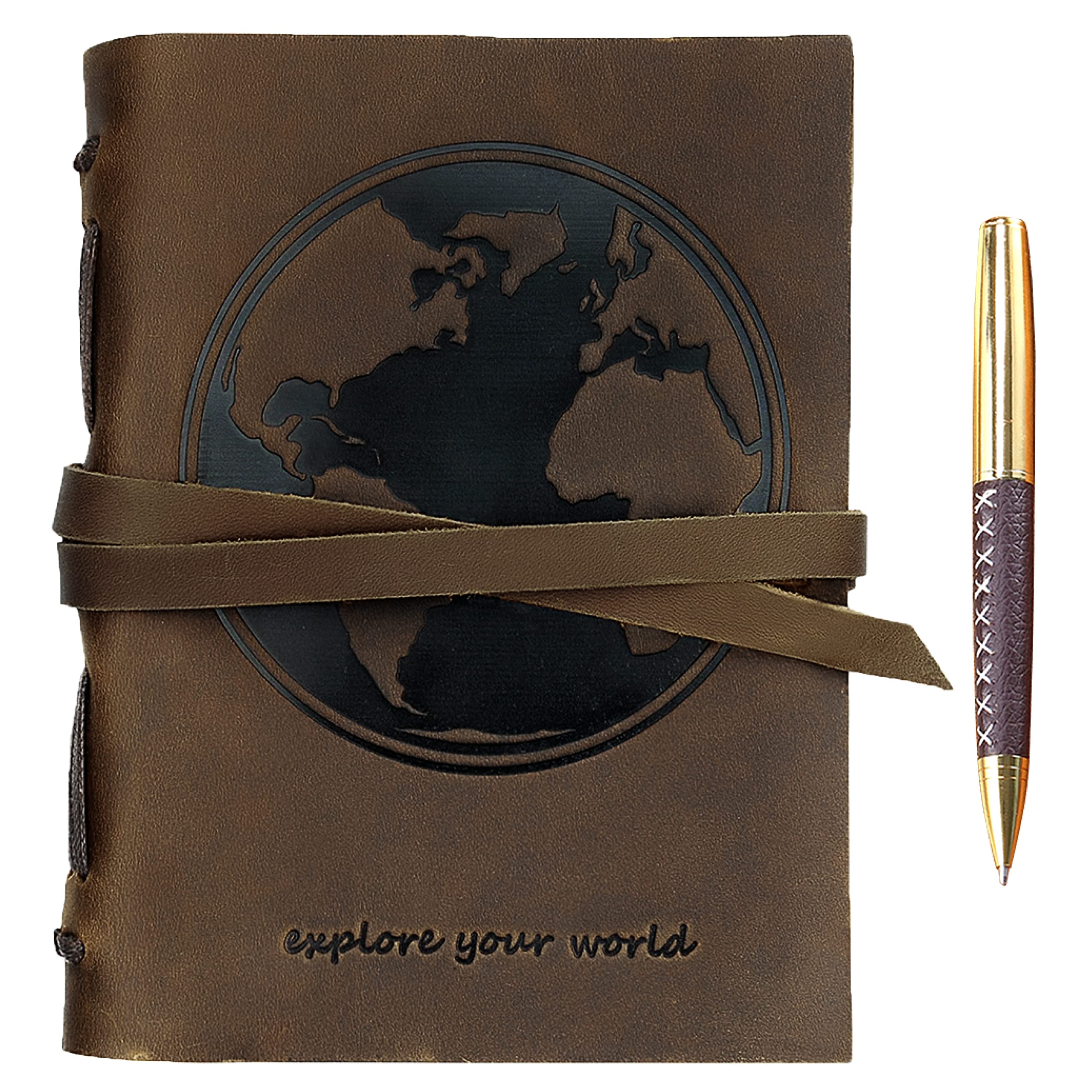 Leather Journal World Map Notebook Embossed Handmade Travel Diary, A5 Vintage Writing Bound for Men For Women Genuine Antique Rustic Leather 6"x8" Engraved Paper Perfect for Notes Sketchbook + Pen