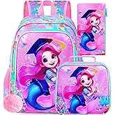 3PCS Mermaid Backpack, 16" Girls Bookbag with Lunch Box, Water Resistant Kids Elementary Prechool Toddler Shool Bag - Pink Dr. Mermaid