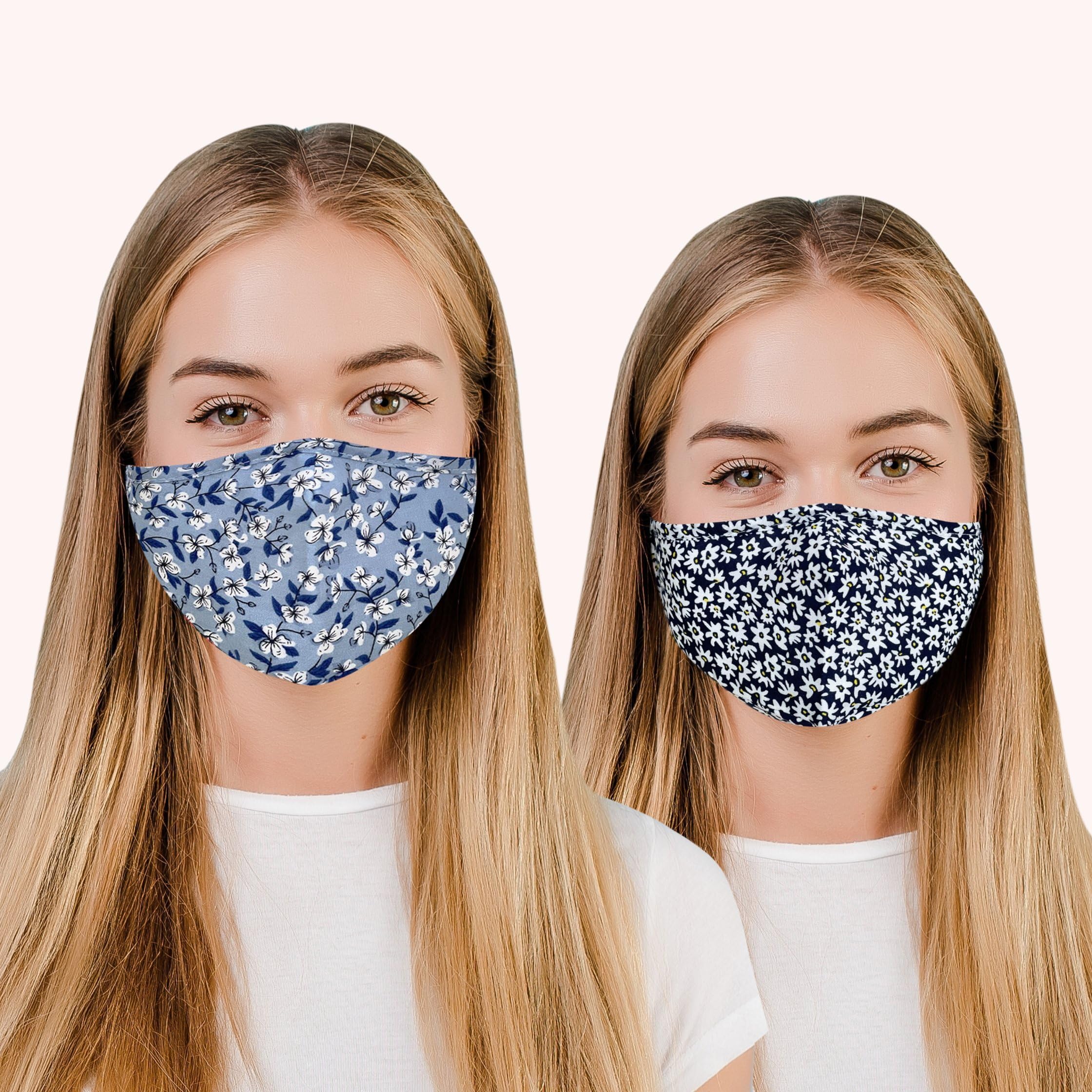 elexal Cloth Face Masks for Glass Wearers | 2 Pack Face Mask Set | Kids Face Masks UK | Reusable | Washable | Floral 100% Cotton Facemasks for Women | Adjustable Nose Wire & Straps | Filter Pocket