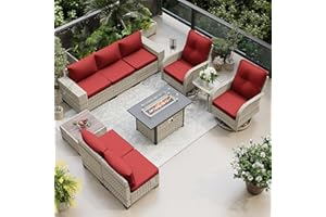 Muphyers 10-Piece Outdoor Patio Furniture Set with Rocking Swivel Chair, PE Wicker Rattan Sectional Sofa Patio Conversation Set with 55,000 BTU Fire Pit Table & Coffee Table, Red