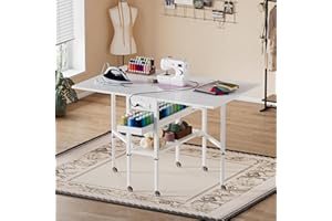 PAKASEPT Height Adjustable Sewing Cutting Table with Charging Station, Folding Craft Table with Storage,Movable Shelves for Large Fabric, Mobile Sewing Desk for Home Office Sewing/Craft Room,White