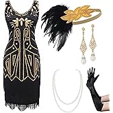 BABEYOND Women’s Flapper Dresses Set 1920s V Neck Beaded Fringed Great Gatsby Dress with Accessories Set