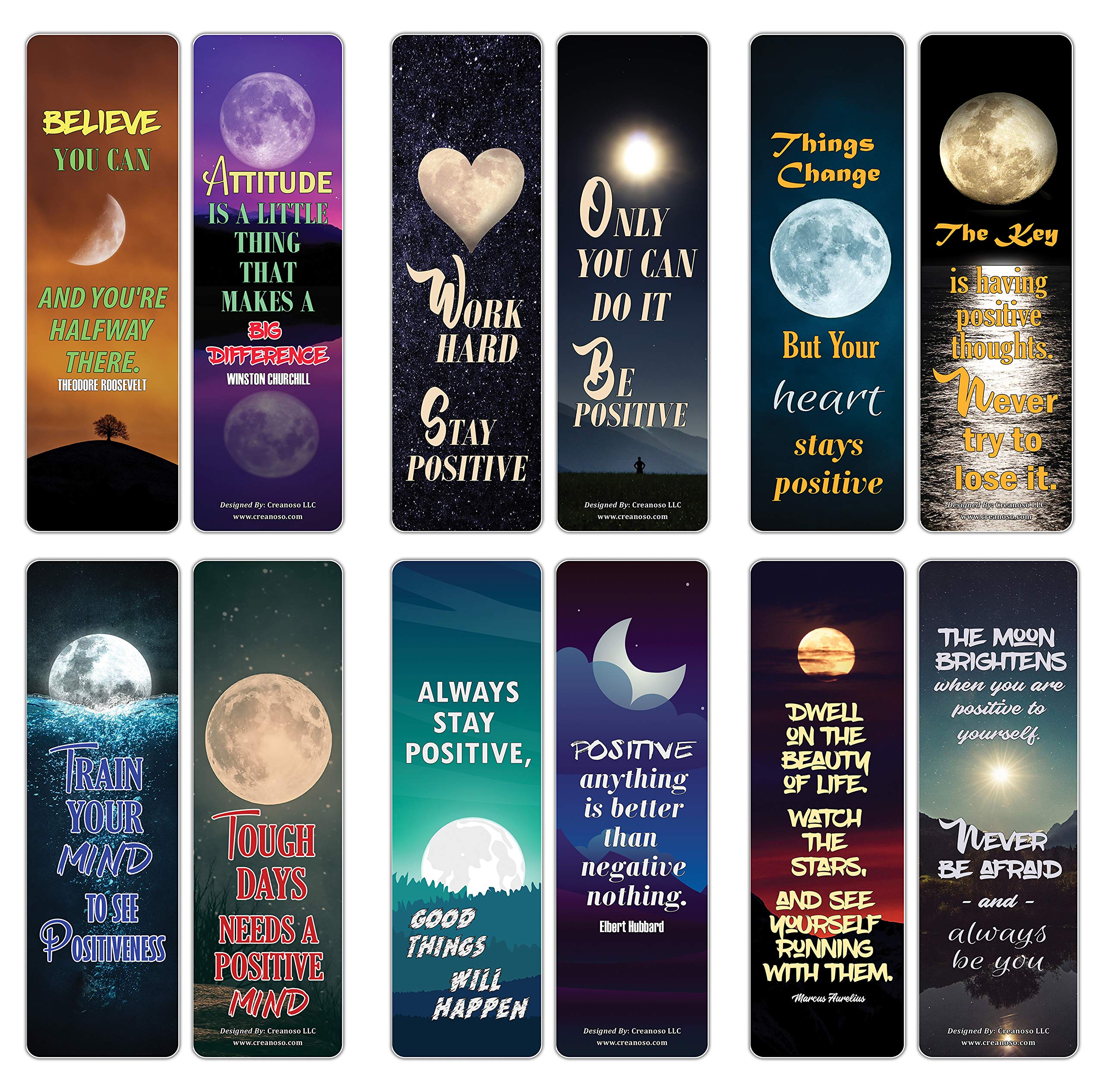 Creanoso Be Positive Inspirational Sayings Moon Bookmark Cards (60-Pack) – Premium Gifts Bookmarks for Bookworm – Stocking Stuffers for Men, Women, Teen, Bookworms – Office Supplies – DIY Kit