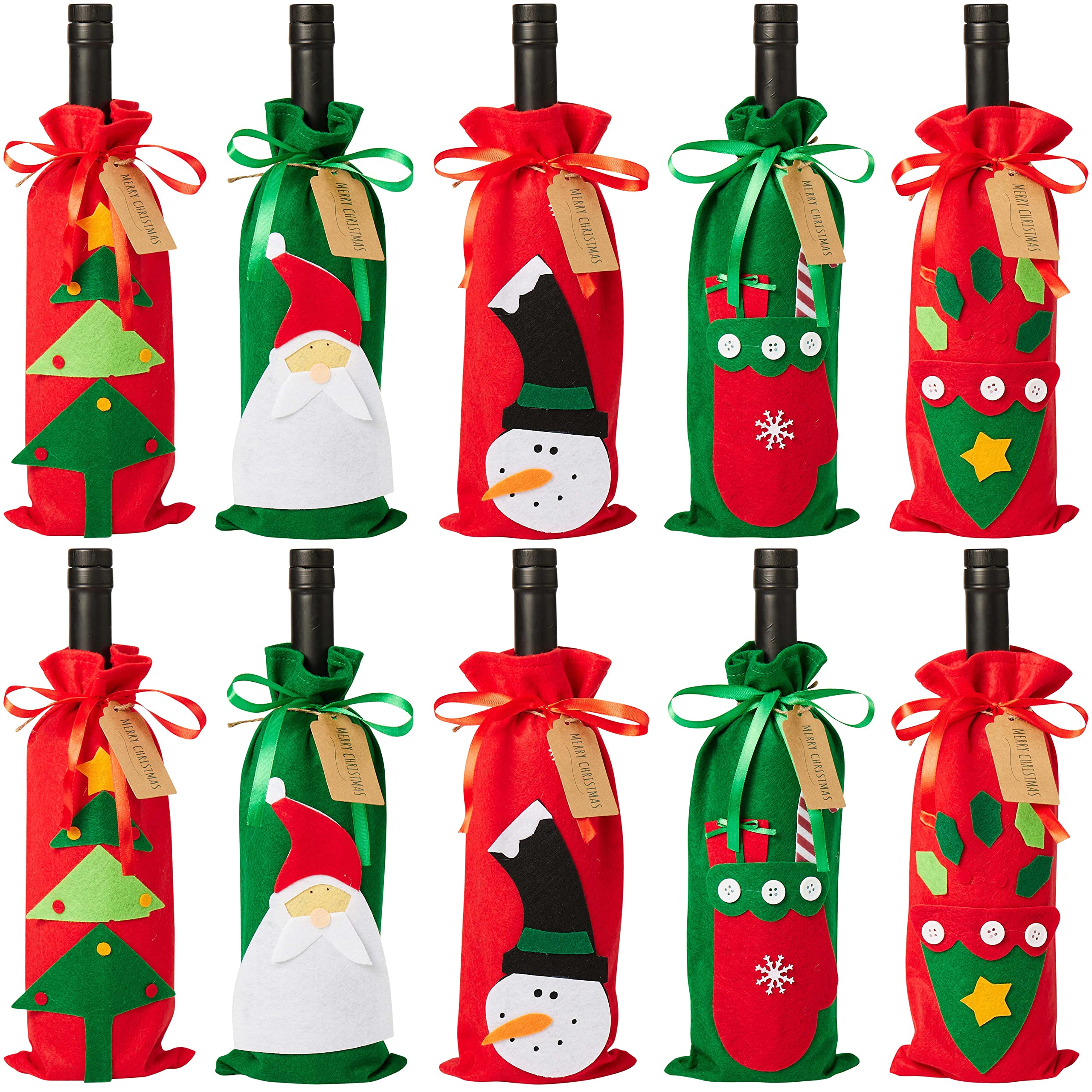 THE TWIDDLERS 10 Christmas Wine Gift Bags, Xmas Decoration Bottle Covers with Drawstring & Gift Tags, Reusable Christmas Bottle Bags, Wine Bags, Bottle Covers - 5 Different Designs, 2 of Each