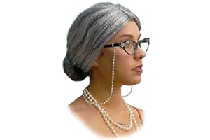 VIBE FESTIVAL GEAR Vibe Old Lady wig Costume Set, Gray Hair Granny Wig with pearl necklace, glasses, glass chain Accessories, 5 pieces total