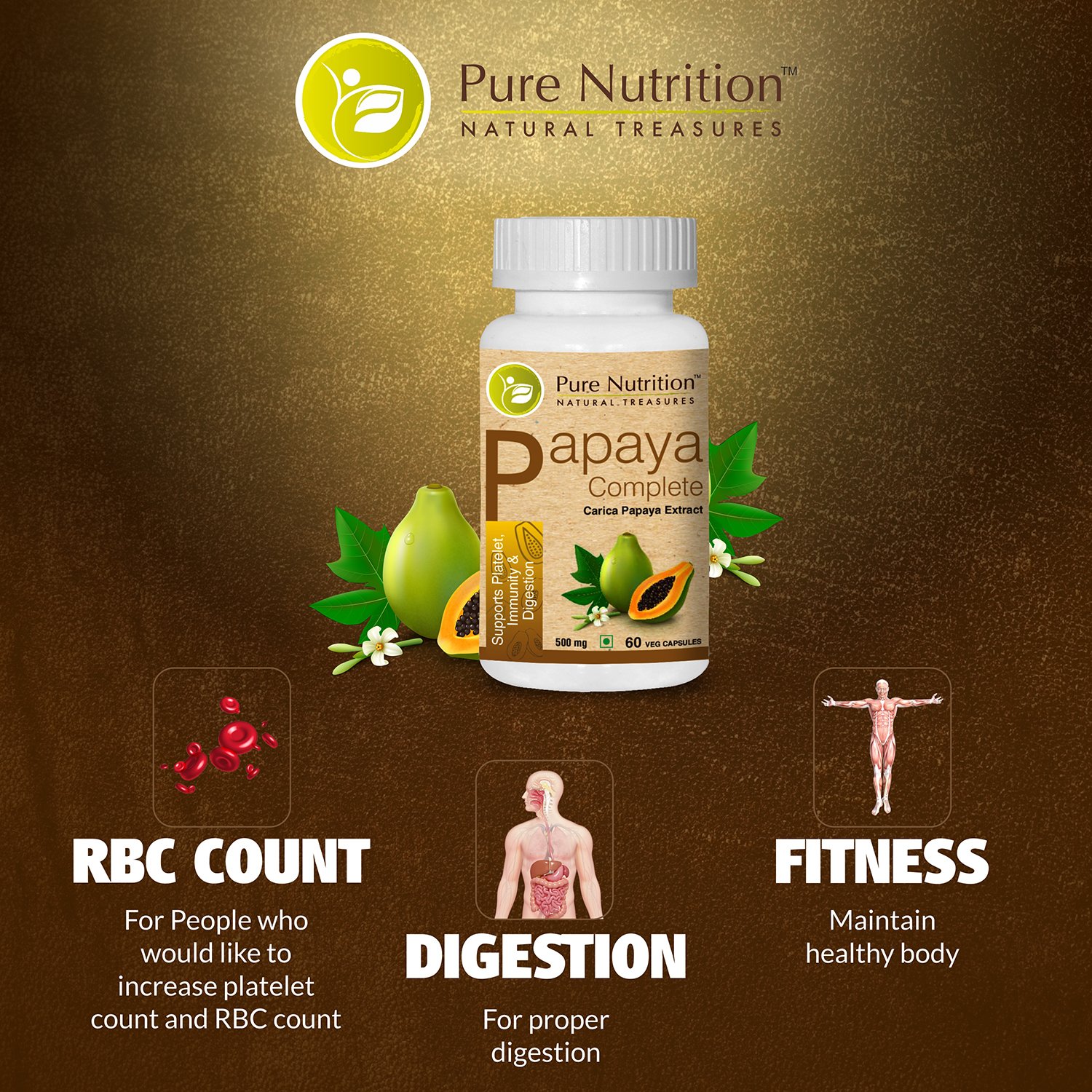 Pure Nutrition Papaya Complete 60 Veg Capsules (Supports Platelet