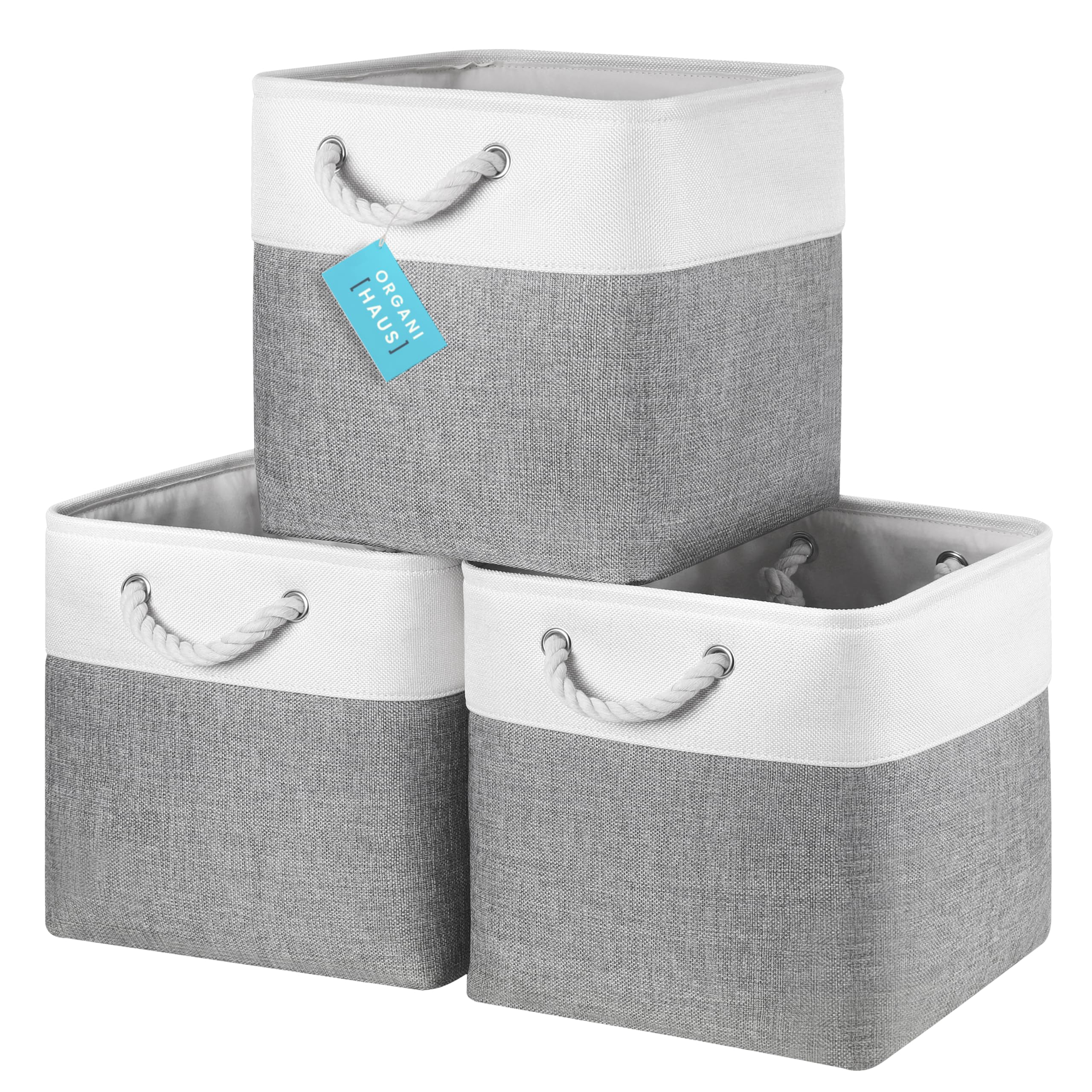 OrganiHaus Fabric Storage Boxes, Set of 3 Foldable 30X30 Cube Organiser Bins with Rope Handles for Shelves, Nursery & Closet, Collapsible Storage Baskets for Toys, Clothes & More - Grey/Off-White