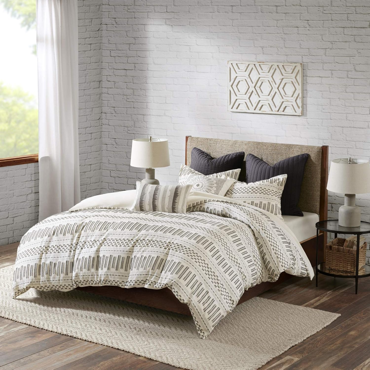 INK+IVY 100% Cotton Duvet Mid Century Modern Design All Season Comforter Cover Bedding Set, Matching Shams, Full/Queen(88"x92"), Rhea, Ivory Geometric Clipped Jacquard: Home & Kitchen