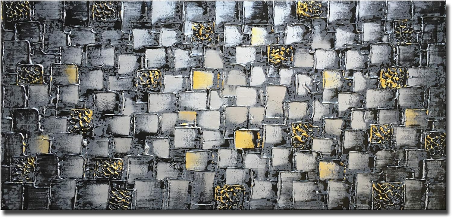Paintings - MyArton Thick Textured Abstract Squares Canvas Wall Art Hand Painted Artwork Modern Dark Silver add Golden Oil Painting for Home Decor Framed Ready to Hang 48x24inch