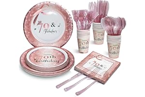 HOMIX 70 and Fabulous Party Plates Napkins Cups Sets Rose Gold with Plastic Cutlery Sets Serves 24 for Women 70th Birthday Pa