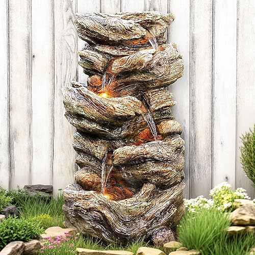 Jocoevol 32" High Outdoor Water Fountain, 5-Tiers Cascading Rock Waterfall with LED Lights for Garden, Patio, Yard Decor, Soothing Tranquility for Any Outdoor Living Space