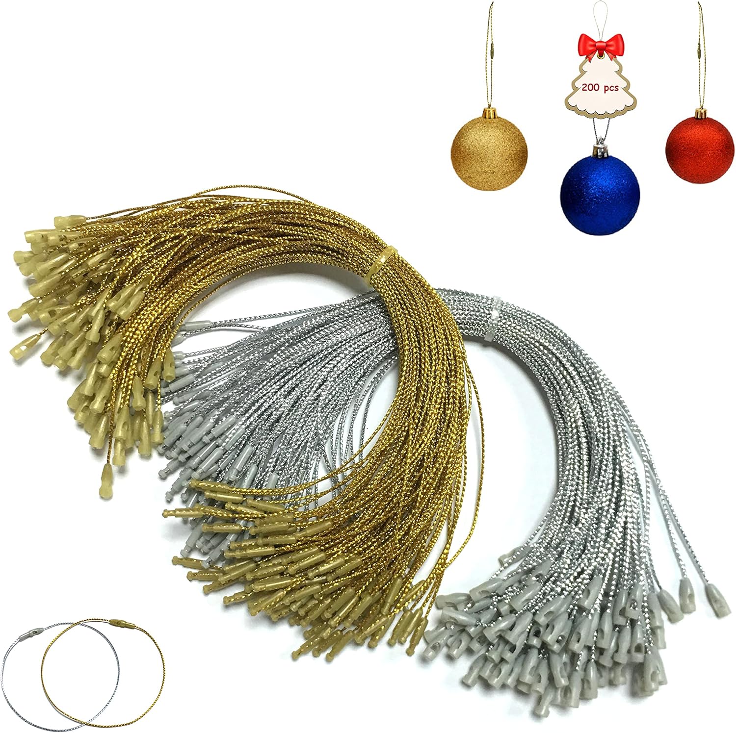 Ornament Hooks - 200pcs Gold Silver Ornament Hanger String-Christmas Ornaments Hook Precut Ropes with Snap Fasteners-Polyester Ornament Wire for Xmas Tree Holiday Party Hanging Decoration