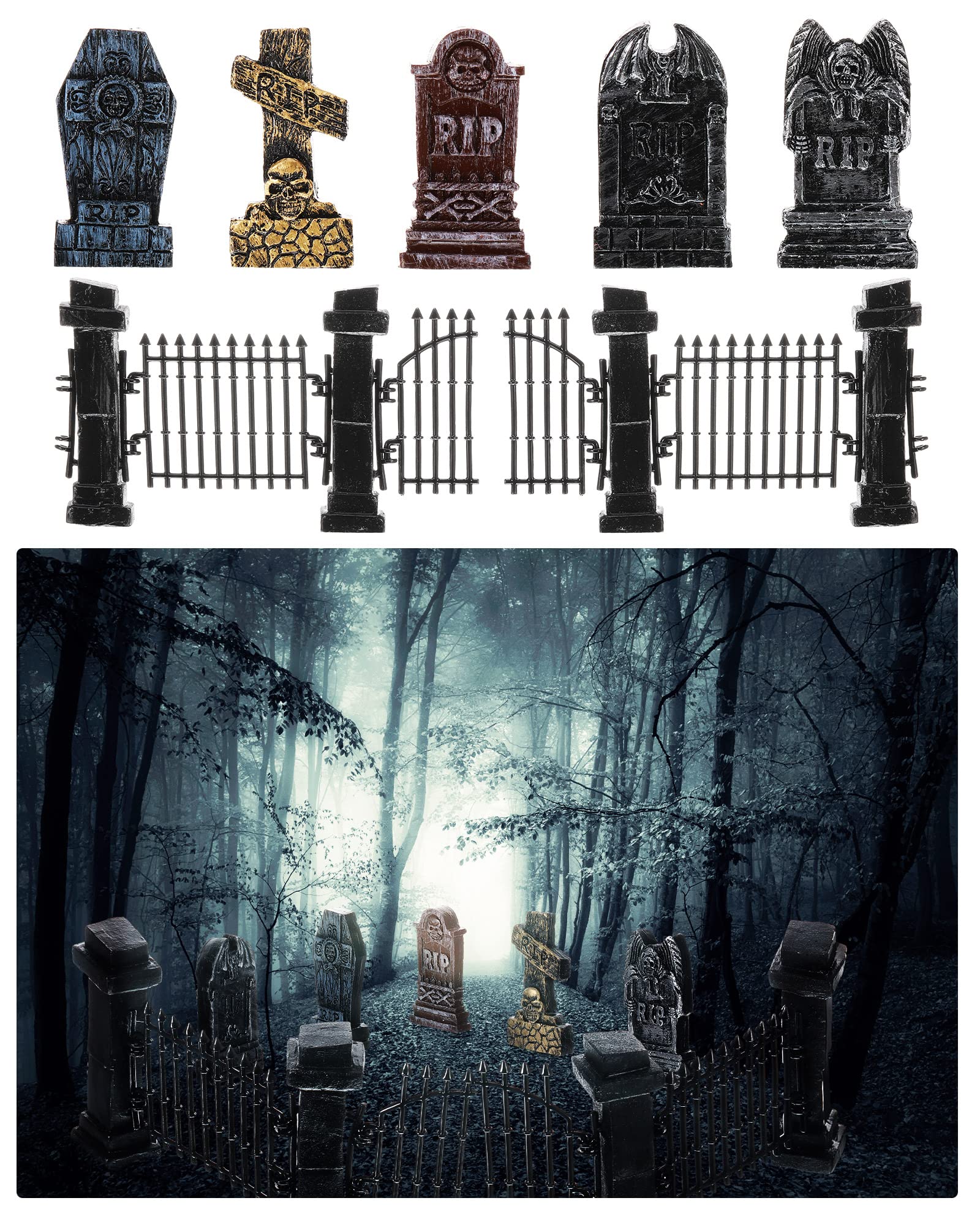 Photo 1 of 7 Pcs Halloween Miniature Tombstones Decorations Spooky Miniature Fence Figurine Mini Cemetary Headstones Haunted Halloween Graveyard Decorations Halloween Cemetery Fence Rip Graveyard Tombstone