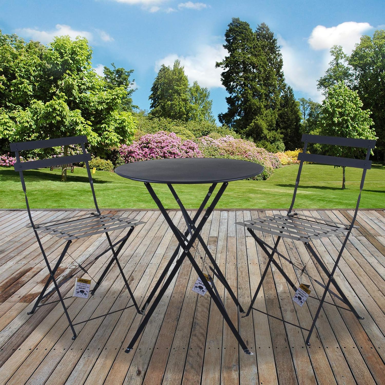 Marko Outdoor 3PC Bistro Set Metal Folding Patio Outdoor Furniture Garden Round Table & Chairs