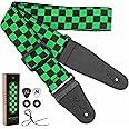 Nefelibata Guitar Strap,Personalised Cotton Double Layer Cotton Guitar Straps with Longer Leather Ends for Bass, Electric & Acoustic, Best Gifts for Kids, Men & Women Guitarists (Green Square)