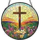 TNUW Flower Cross Stained Glass Window Hanging, Christian Wildflower Sunset Landscape Sun Catchers Indoor Window Glass Round Wall Art Decor, Religious Wall Hanging Decorations, 7.9＂x7.9＂