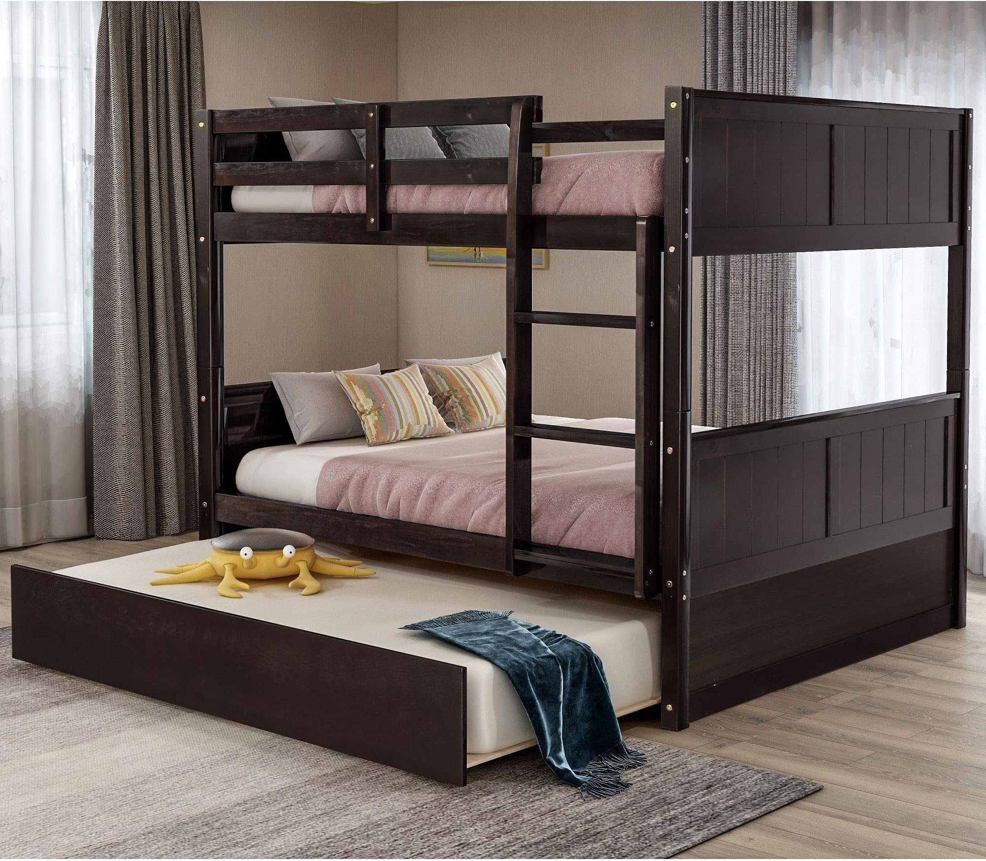 Full-Over-Full Bunk Bed for Kids, Trundle Bed & Loft System with Steps, Rich Espresso