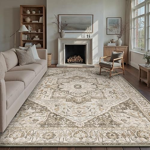 HUGEAR Vintage Brown Rugs Living Room Washable Non Slip Large Area Rug 240x300cm Bedroom Kitchen Hall Lounge Office Dining Room Indoor Carpet Low Pile Big Carpets