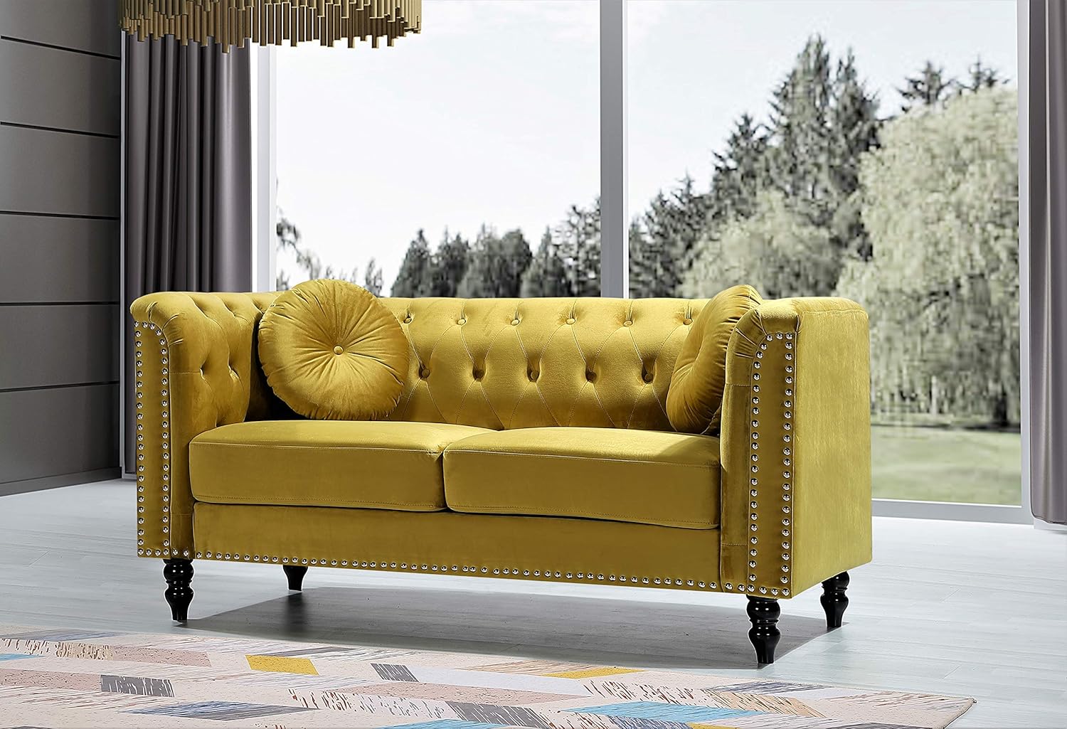 Container Furniture Direct Kittleson Mid Century Velvet Upholstered Nailhead Chesterfield Sofa Set, 2 Piece, Strong Yellow: Furniture & Decor