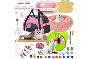 BERXOL 47PCS Kitten Essentials Starter Kit, Ideal for Cats Under 6 Months, Featuring 21-Piece Toy Set, Bed, Carrier, Litter Box, Bowls & More, for New Cat Owners - Pink