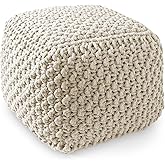 Casafield Square Pouf Ottoman, Natural - 18.5" W x 18.5" D x 14.5" H Cotton Knit Foot Stool - Boho Floor Pouffe for Living Ro
