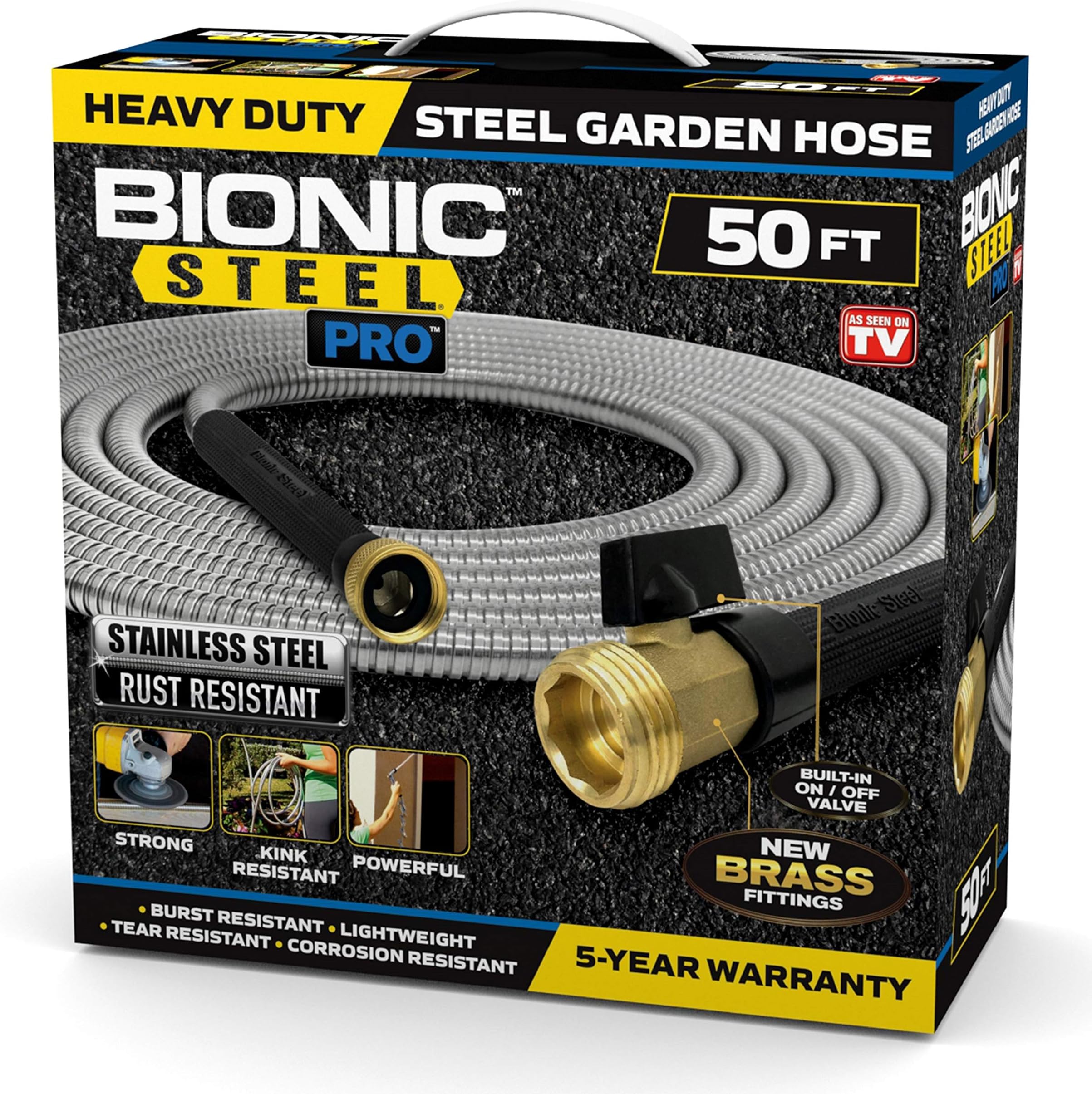 Bionic Steel PRO Garden Hose - 304 Stainless Steel Metal 50 Foot Garden Hose – Heavy Duty Lightweight, Kink-Free, and Stronger Than Ever with Brass Fittings and On/Off Valve – 2021 Model