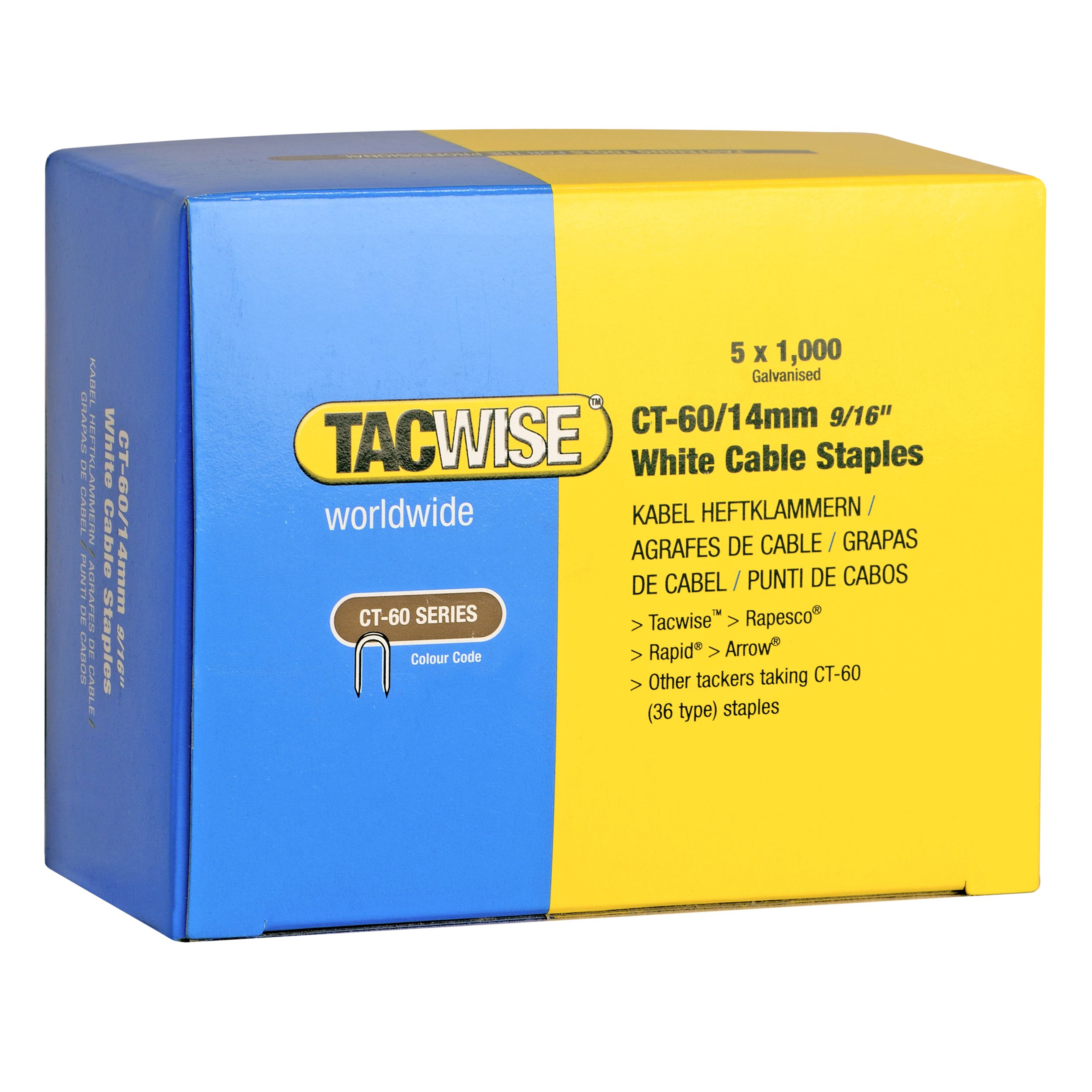 Tacwise 0357 Type CT-60 / 14 mm Galvanised Steel White Cable Staples, Divergent Point, Pack of 5000