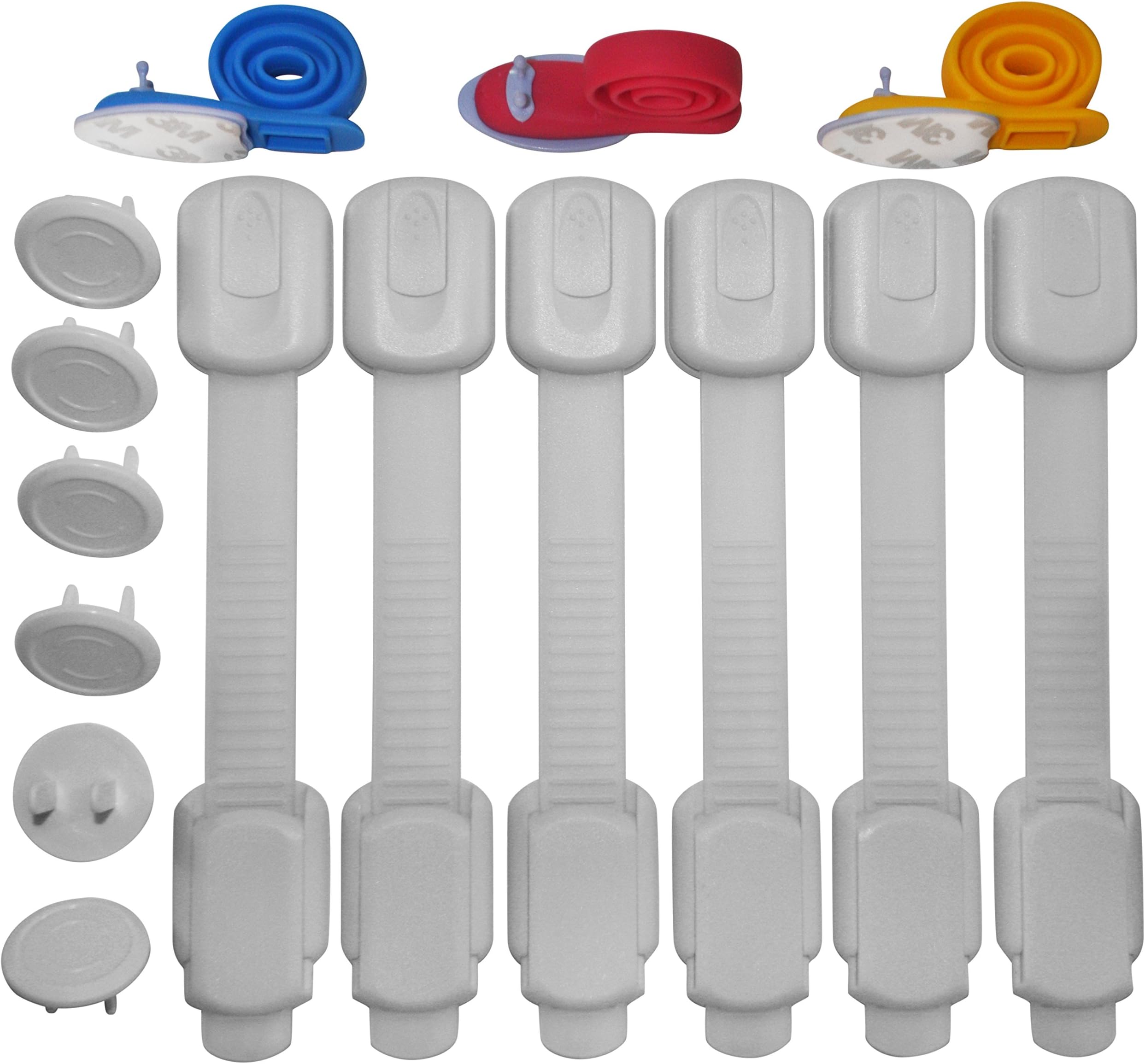 Adjustable Child Safety Cabinet Locks by KIDIGUARD Set of 6 drawer Locks + Bonus kit 3 Safety Door Stopper + 6 Electric Outlet Covers + 2 Extra 3M Pads, Premium Quality Baby Locks Proof Protection kit