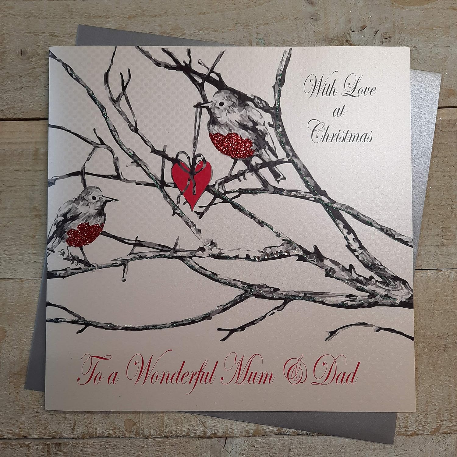 WHITE COTTON CARDS With Love Wonderful Mum & Dad, Handmade Large Christmas Card, (Code XEX51, Robin), 22cm x 22cm