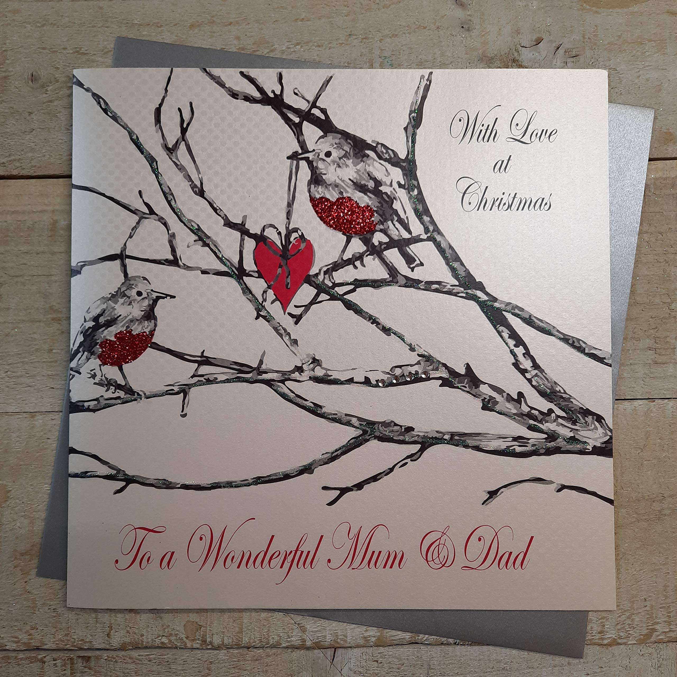 WHITE COTTON CARDS With Love Wonderful Mum & Dad, Handmade Large Christmas Card, (Code XEX51, Robin)