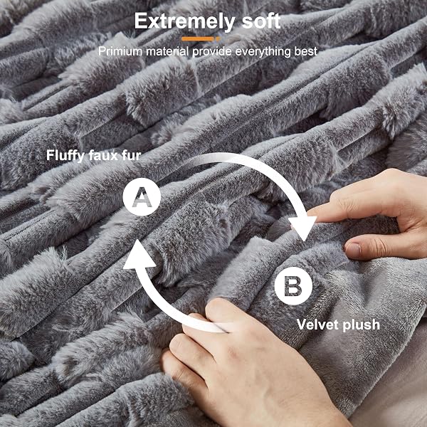 JONIYEAR OVERSIZED SOFT FLUFFY STRIPED FAUX RABBIT FUR BLANKET TWIN SIZE 60″ X 70″, DECORATIVE 3D GEOMETRIC LARGE WARM FUZZY FUR BLANKETS FOR WINTER, REVERSIBLE SHAGGY FURRY BLANKET FOR BED, DARK GREY