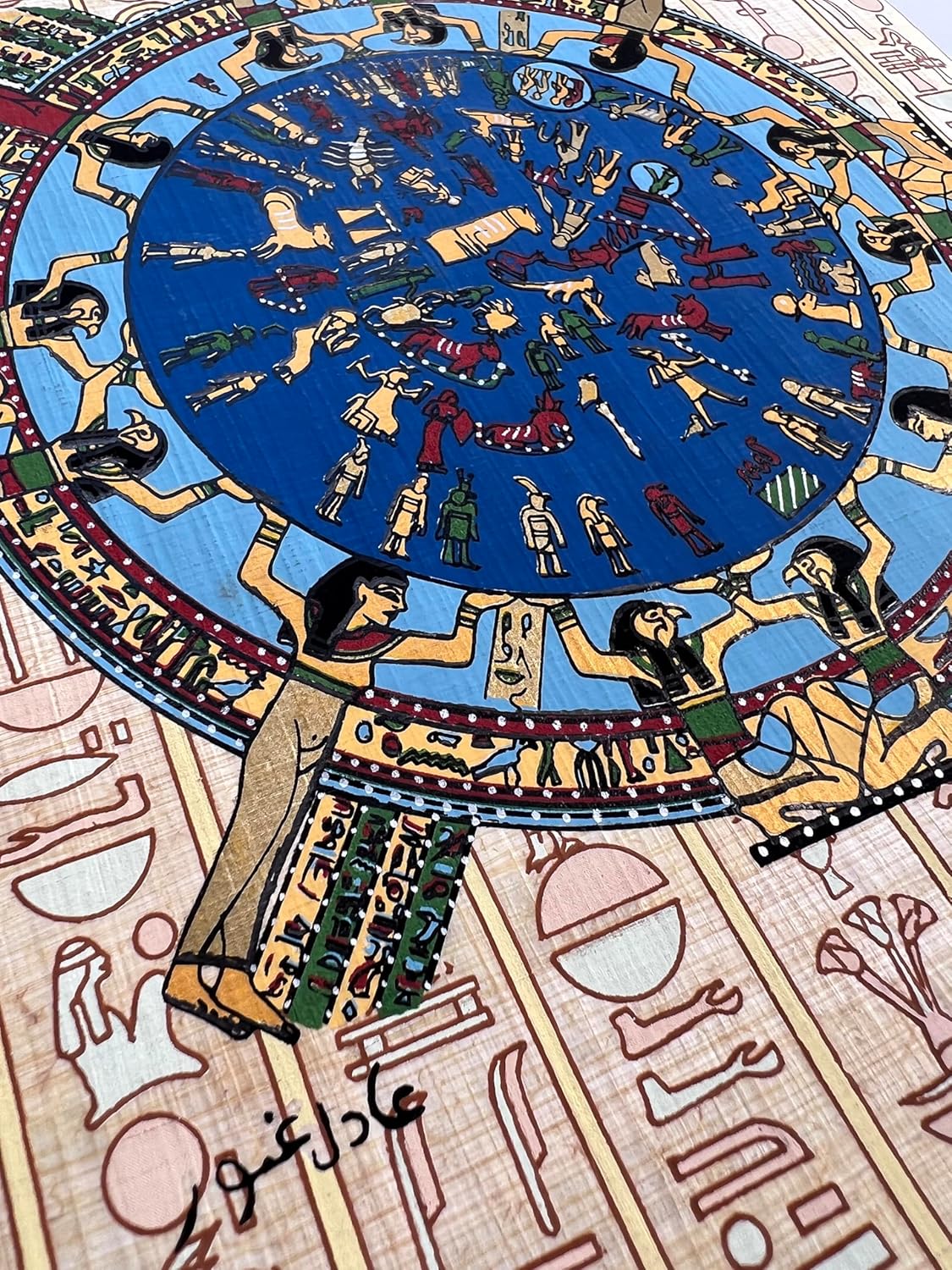 Paintings - Ancient Egypt Astrological Calendar Papyrus Painting – Sun Moon Stars – Dendera Zodiac 12 Signs Egyptian Astrology – Painted on Egypt Paper – Unframed – Frameable – 9x13 inches