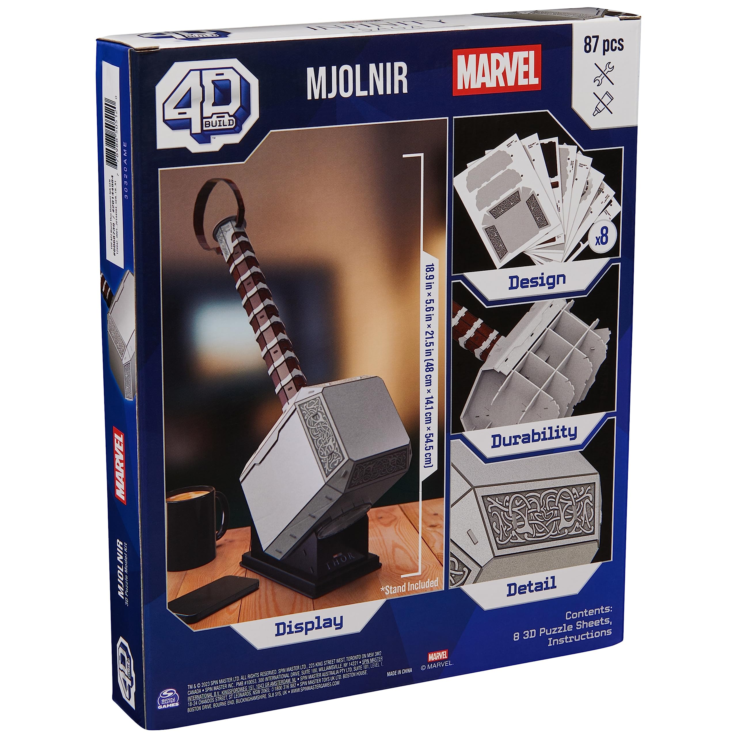 4D Build, Marvel Mjolnir Thor Hammer 3D Puzzle Model Kit with Stand 87 Pcs | Thor Desk Decor | Building Toys | 3D Puzzles for Adults & Teens 12+